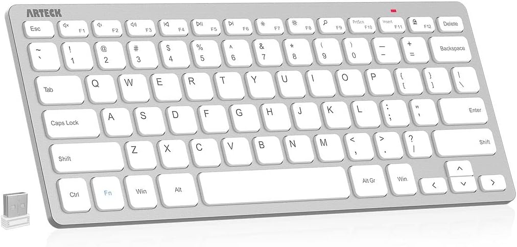 Arteck 2.4G wireless keyboard with ultra-slim, compact design and quiet low-profile keys, ideal for comfortable and efficient typing.