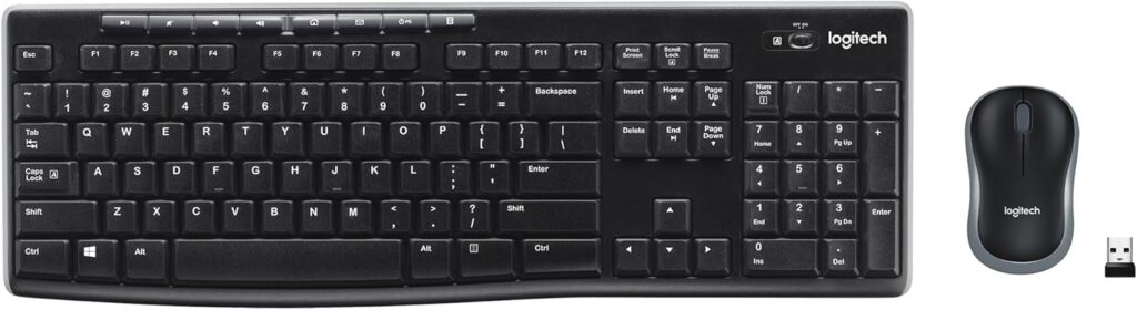 Logitech MK270 wireless keyboard for writers, featuring a full-size layout, spill-resistant keys, adjustable tilt legs, and 8 multimedia hotkeys for enhanced productivity.