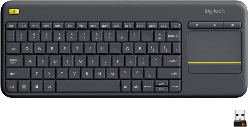 Logitech K400 Plus wireless keyboard with built-in touchpad, quiet keys, and 10-meter range, an ideal keyboard for writers seeking comfort and convenience.