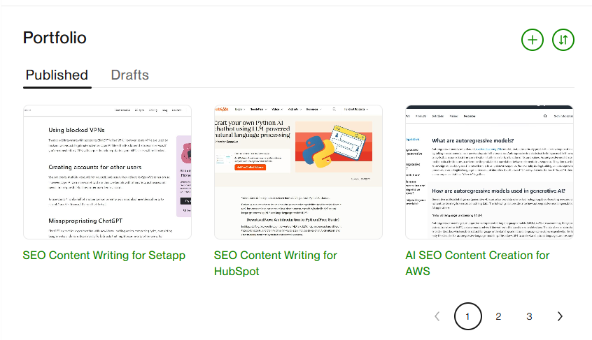 Upwork portfolio section displaying freelance writing samples and project case studies