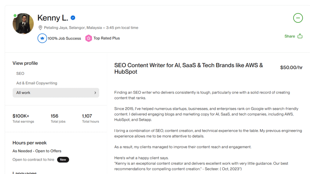 How to get work on Upwork with no experience: Example of freelancer portfolio showing project samples and case studies