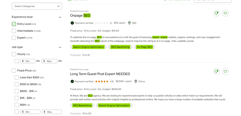 Upwork job descriptions showing entry-level opportunities for beginners with no experience