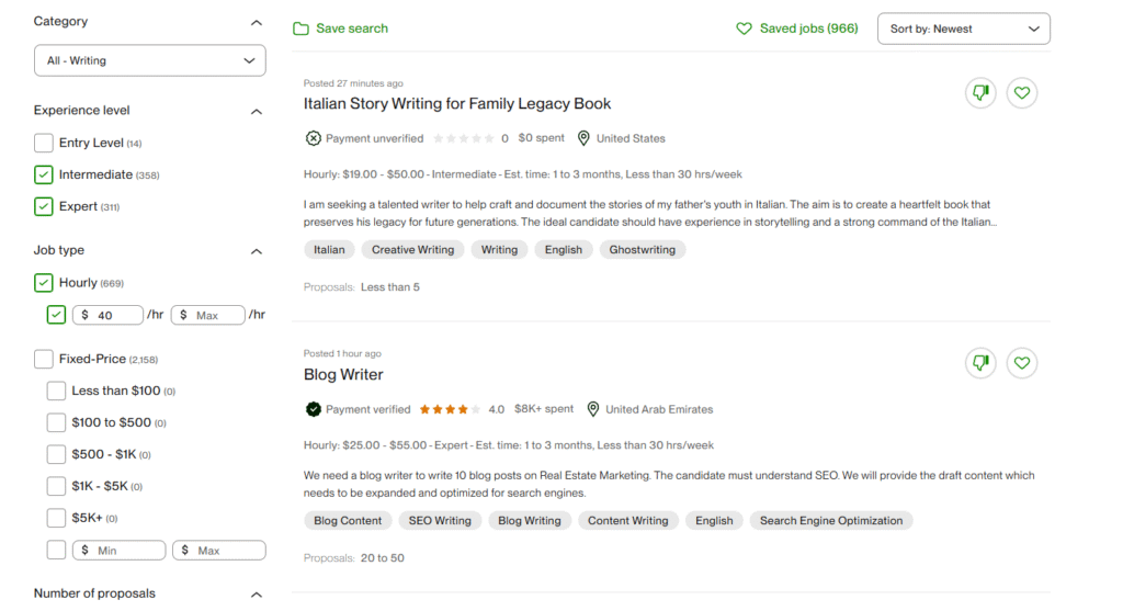 Upwork job postings showing freelance writing opportunities and project details